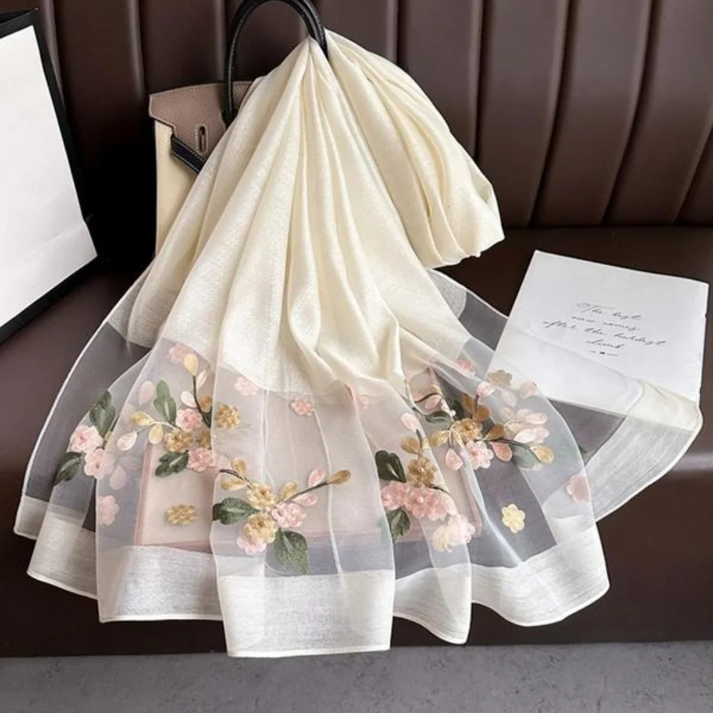 Elegant floral embroidered silk scarf for women, stylish sunscreen beach shawl with beaded trim, bohemian windproof must-have
