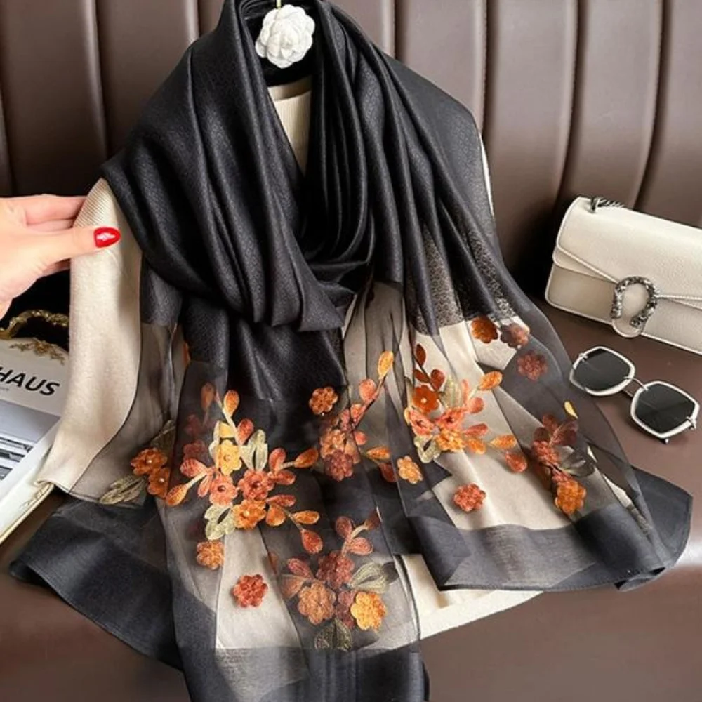 Elegant floral embroidered silk scarf for women, stylish sunscreen beach shawl with beaded trim, bohemian windproof must-have
