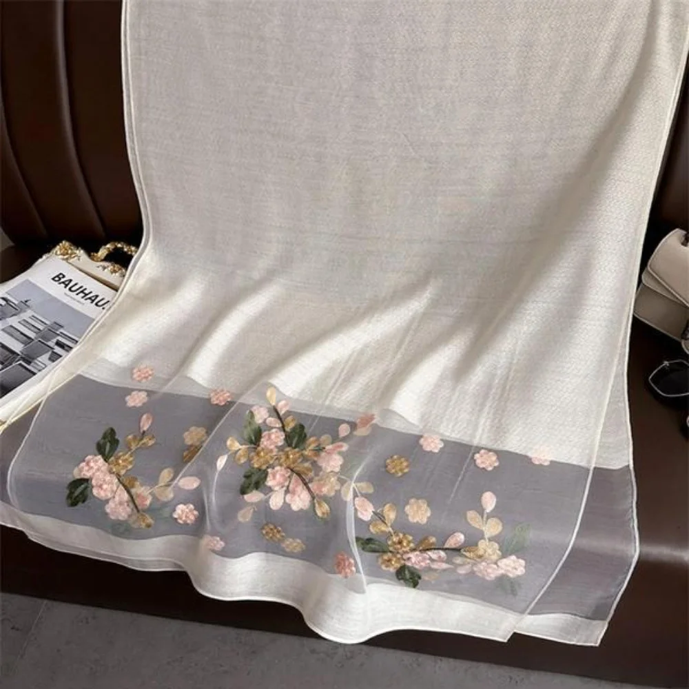 Elegant floral embroidered silk scarf for women, stylish sunscreen beach shawl with beaded trim, bohemian windproof must-have