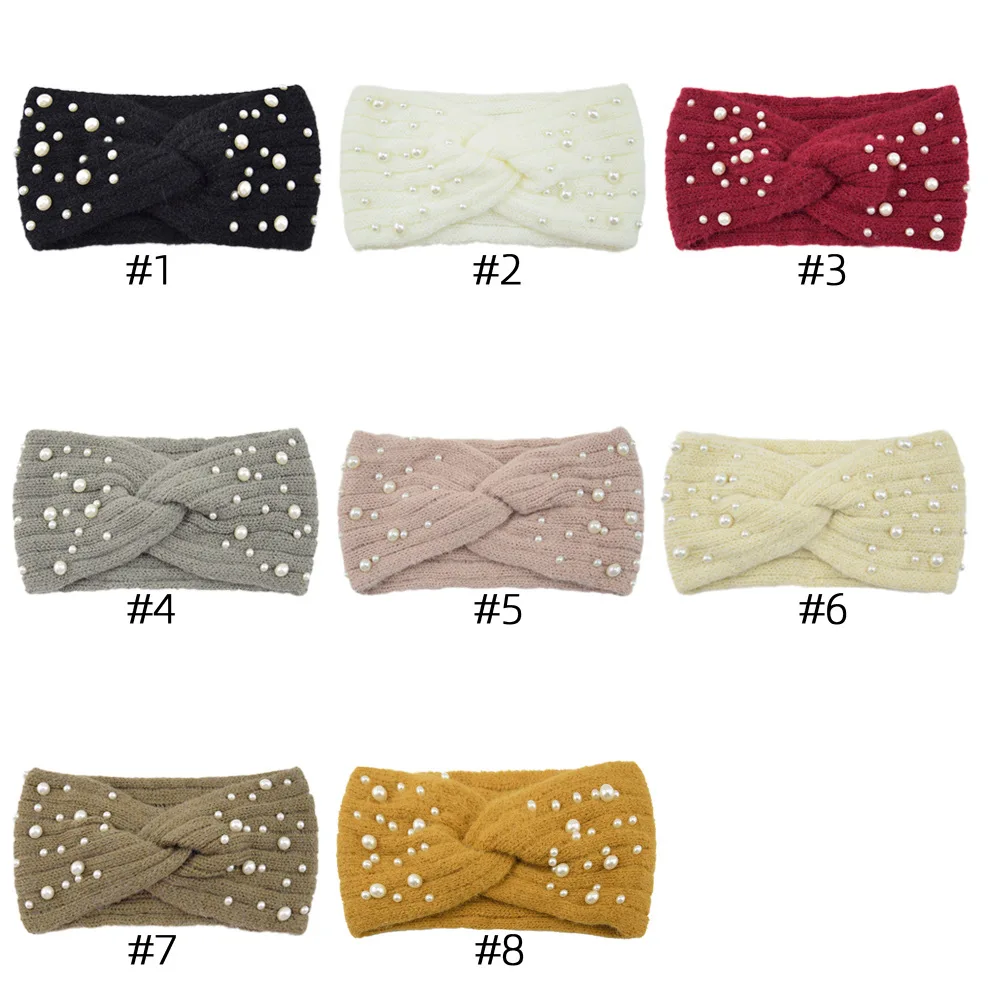 Pearl Headband Winter Ear Warmer Knitted Cross Headwrap Turban Wide Brim Headwear for Women Girls Fashion Hair Accessories