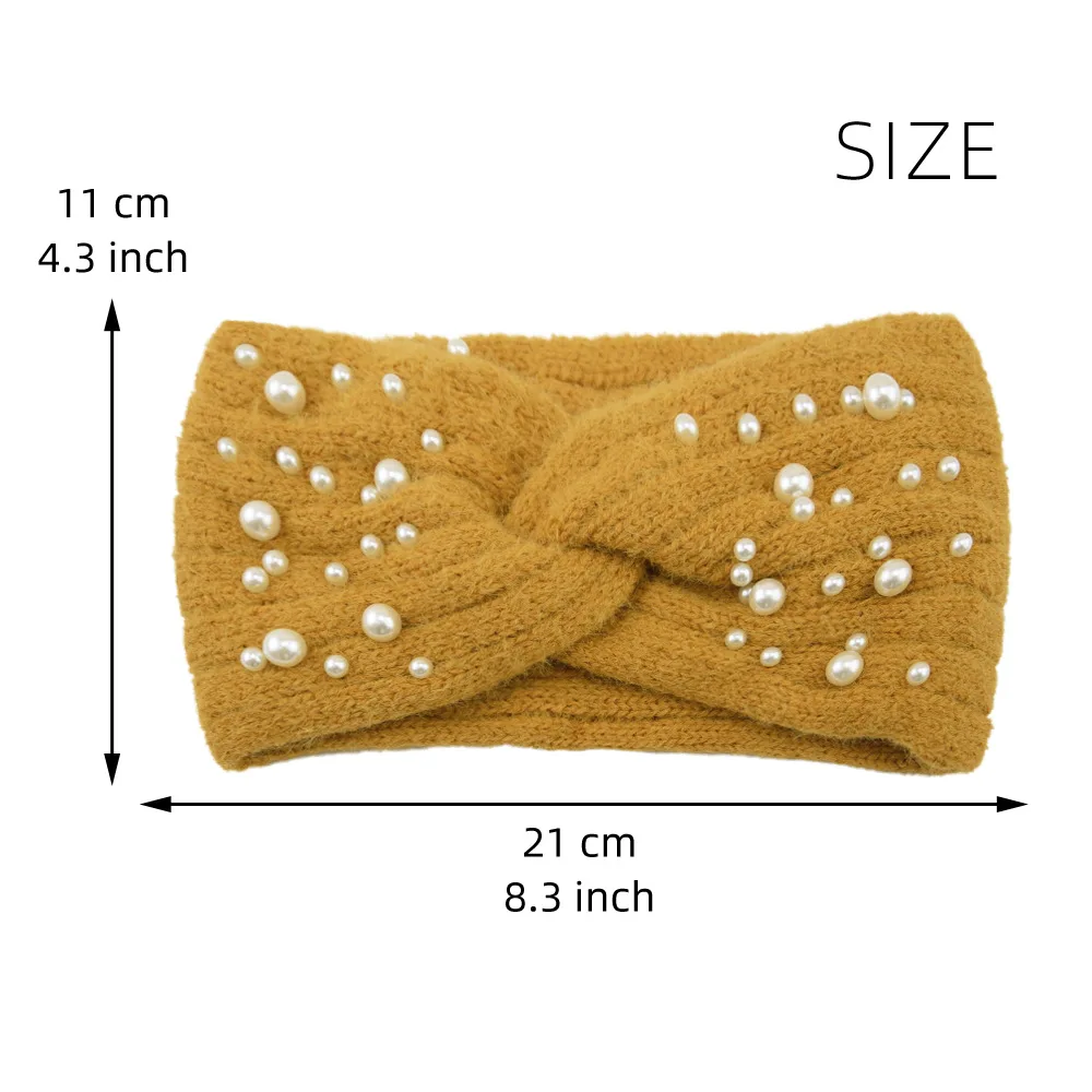 Pearl Headband Winter Ear Warmer Knitted Cross Headwrap Turban Wide Brim Headwear for Women Girls Fashion Hair Accessories