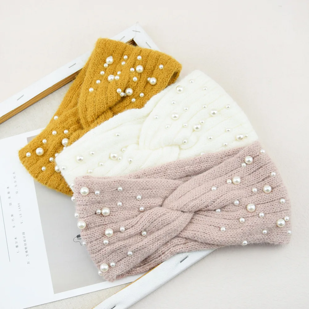 Pearl Headband Winter Ear Warmer Knitted Cross Headwrap Turban Wide Brim Headwear for Women Girls Fashion Hair Accessories