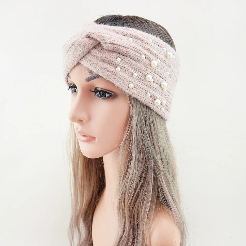 Pearl Headband Winter Ear Warmer Knitted Cross Headwrap Turban Wide Brim Headwear for Women Girls Fashion Hair Accessories