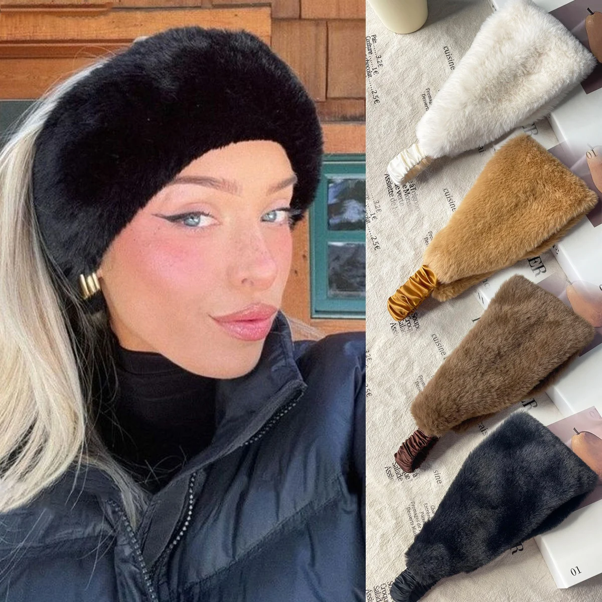 Autumn Winter Women Elastic Wide Edge Rabbit Fur Hairband Windproof Warm Hair Accessories for Protection Styling Headbands