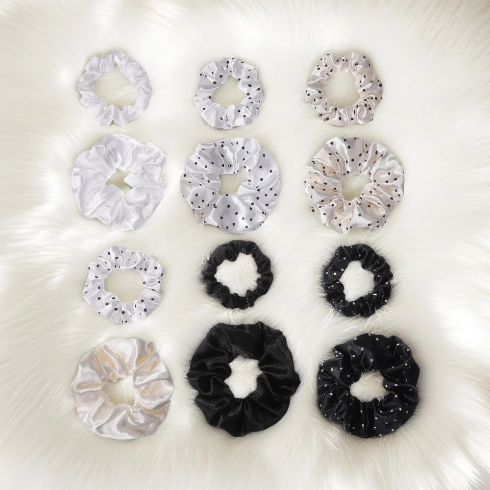 1/2/12Pcs Elegant Hair Scrunchies Women Satin Luxury Ties Dot Elastic Headwwear Ponytail Accessories Casual Cute Beige