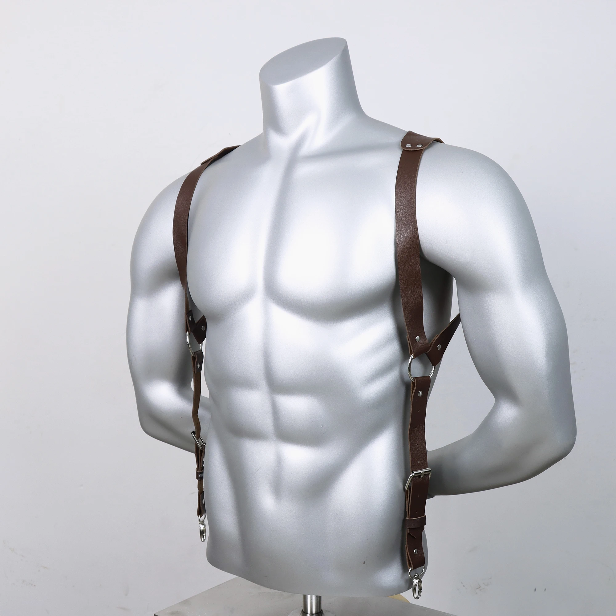 1pc Men'S Punk Gothic Faux Leather Suspenders - Adjustable Strap Body Harness with Metallic Buckles, Fashion Accessory