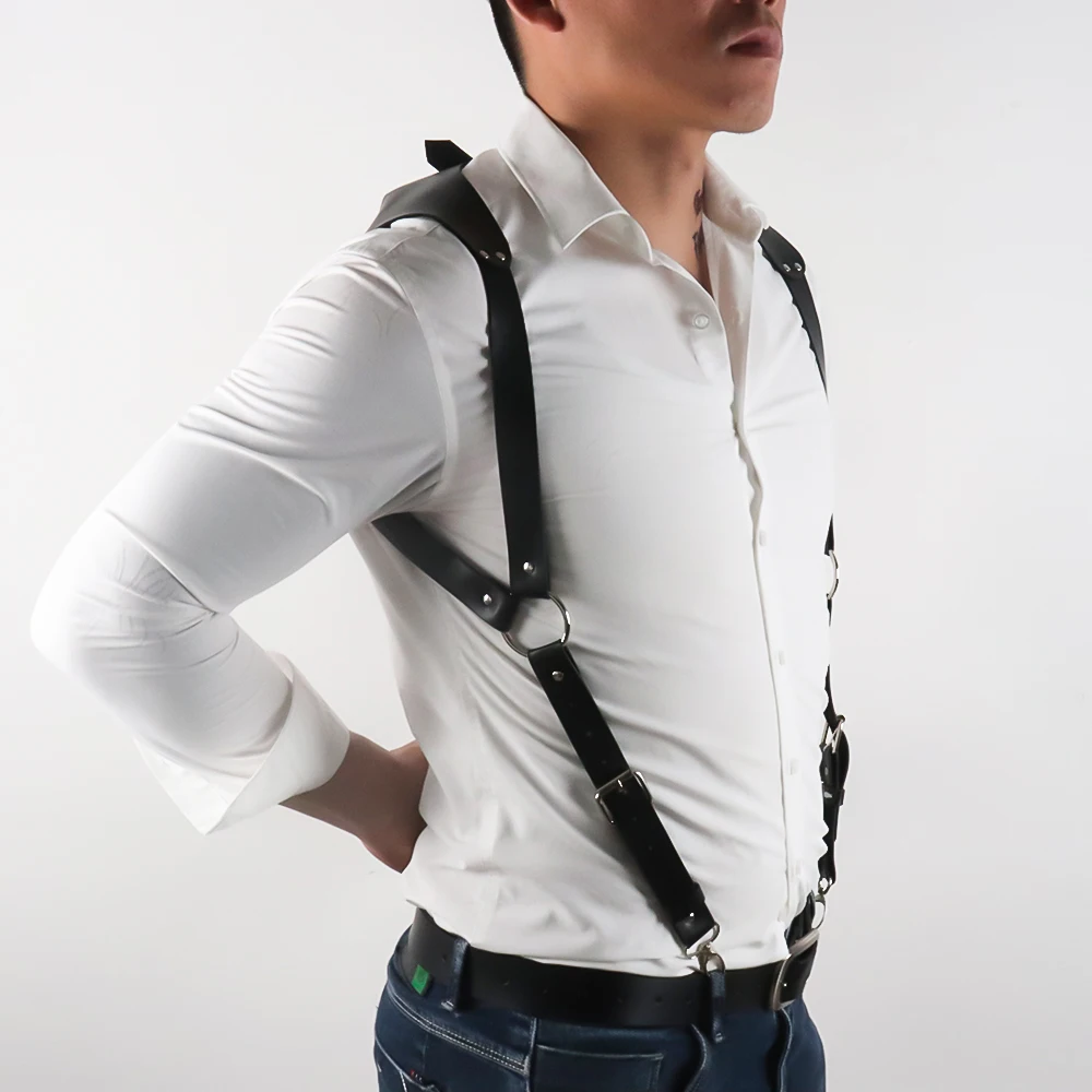 1pc Men'S Punk Gothic Faux Leather Suspenders - Adjustable Strap Body Harness with Metallic Buckles, Fashion Accessory