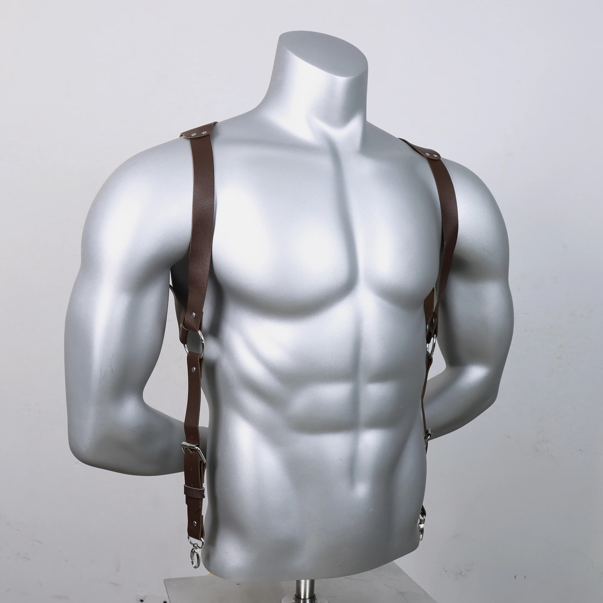 1pc Men'S Punk Gothic Faux Leather Suspenders - Adjustable Strap Body Harness with Metallic Buckles, Fashion Accessory