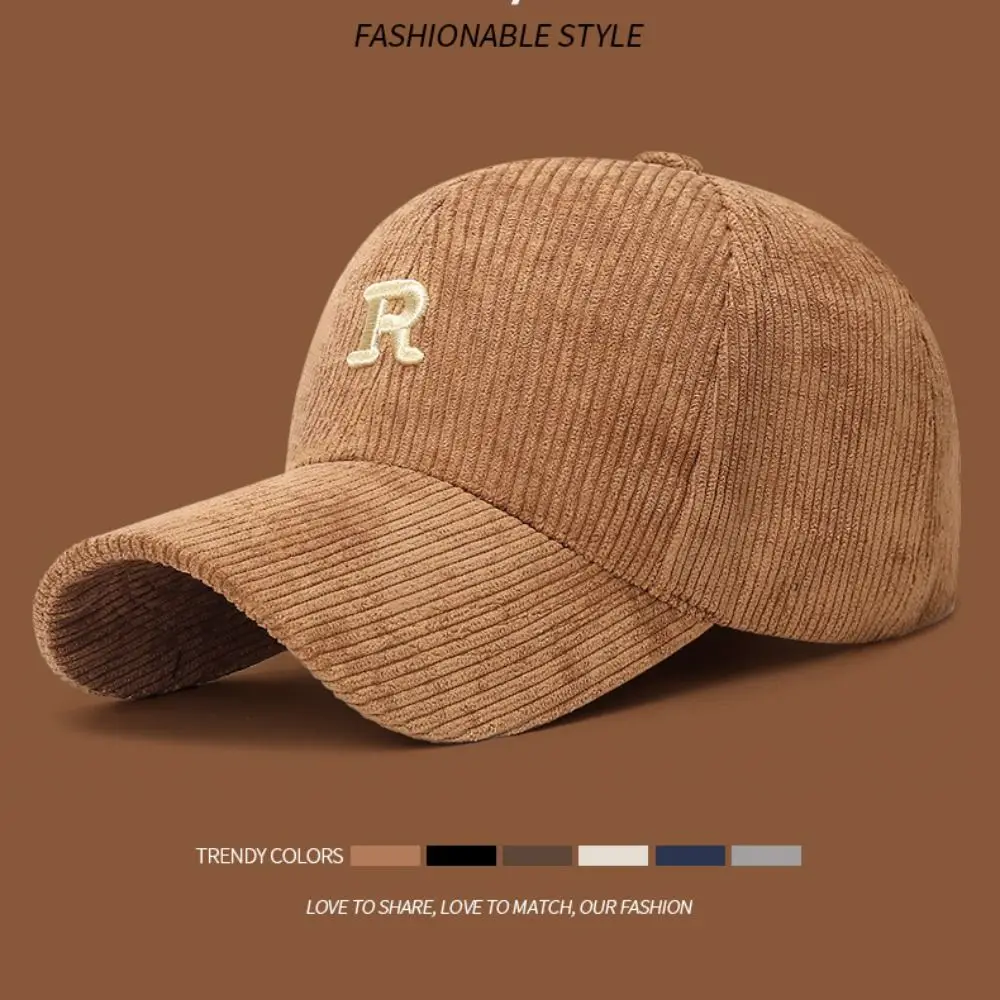 Embroidered 'R' Letter Corduroy Baseball Cap Breathable Casual Peaked Cap Adjustable Solid Color Sunscreen Hat Autumn Winter