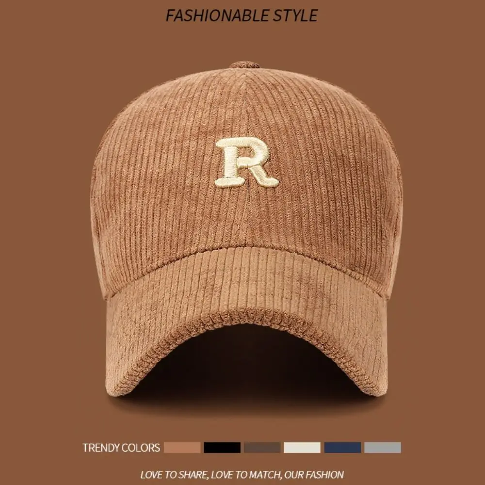 Embroidered 'R' Letter Corduroy Baseball Cap Breathable Casual Peaked Cap Adjustable Solid Color Sunscreen Hat Autumn Winter