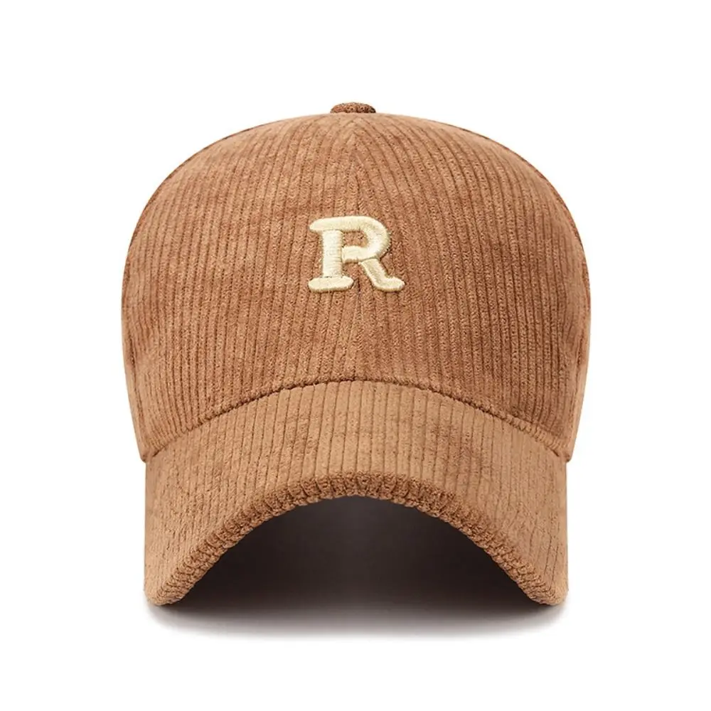 Embroidered 'R' Letter Corduroy Baseball Cap Breathable Casual Peaked Cap Adjustable Solid Color Sunscreen Hat Autumn Winter