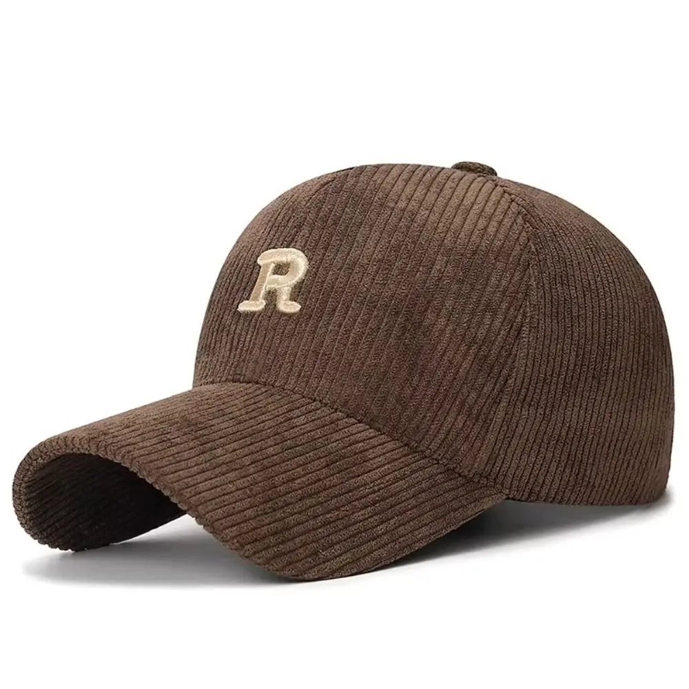 Embroidered 'R' Letter Corduroy Baseball Cap Breathable Casual Peaked Cap Adjustable Solid Color Sunscreen Hat Autumn Winter
