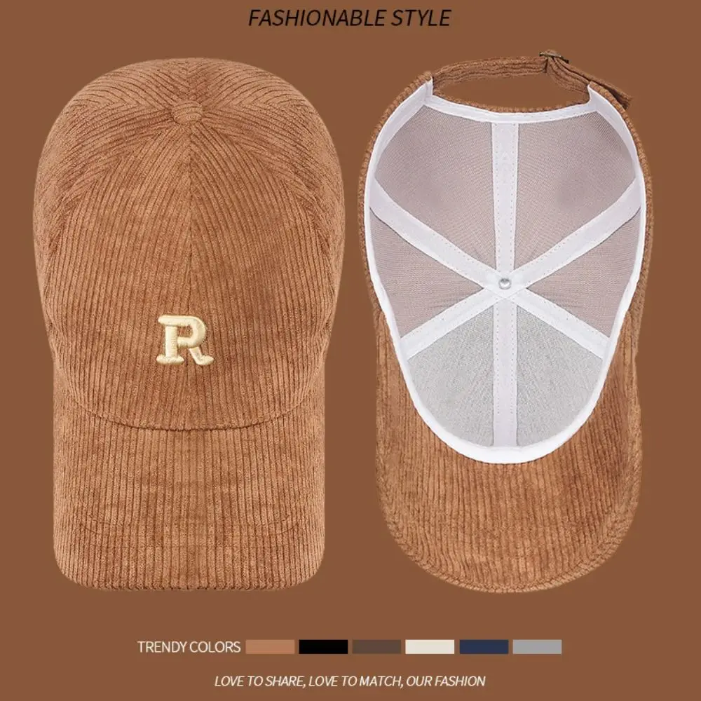 Embroidered 'R' Letter Corduroy Baseball Cap Breathable Casual Peaked Cap Adjustable Solid Color Sunscreen Hat Autumn Winter