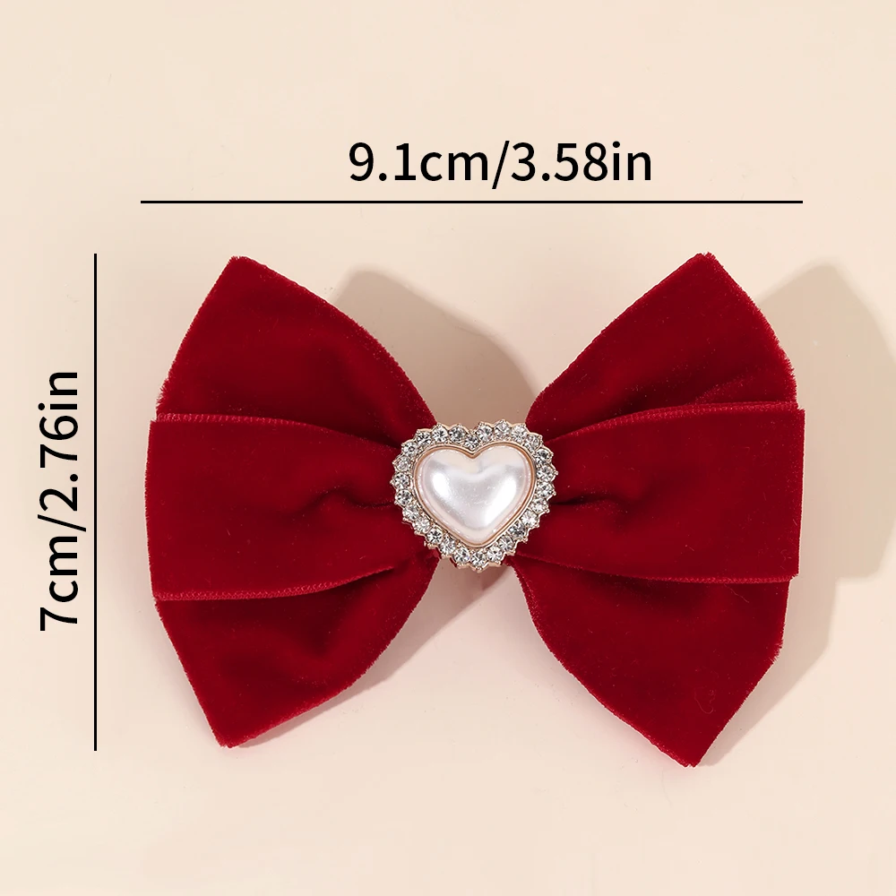 2Pcs Red Velvet Bow Hair Clips For Girls Minimalist Retro Heart Rhinestones Hairpins Children Daily Headwear Hair Accessories