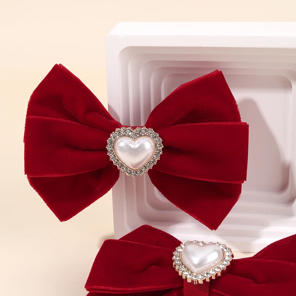 2Pcs Red Velvet Bow Hair Clips For Girls Minimalist Retro Heart Rhinestones Hairpins Children Daily Headwear Hair Accessories