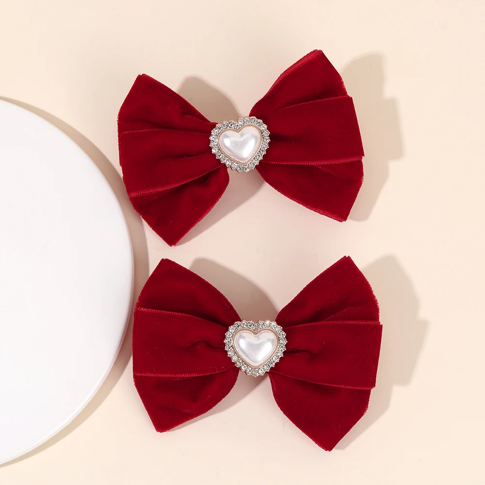 2Pcs Red Velvet Bow Hair Clips For Girls Minimalist Retro Heart Rhinestones Hairpins Children Daily Headwear Hair Accessories
