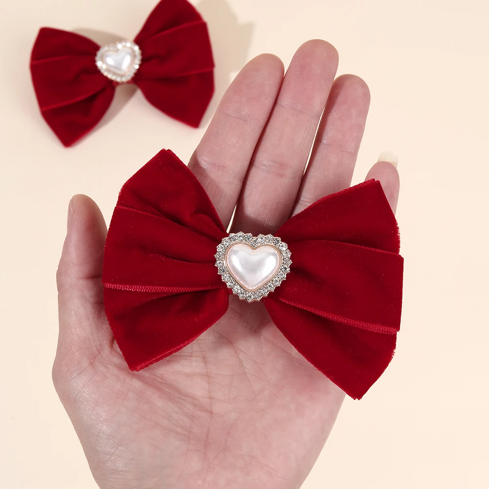 2Pcs Red Velvet Bow Hair Clips For Girls Minimalist Retro Heart Rhinestones Hairpins Children Daily Headwear Hair Accessories