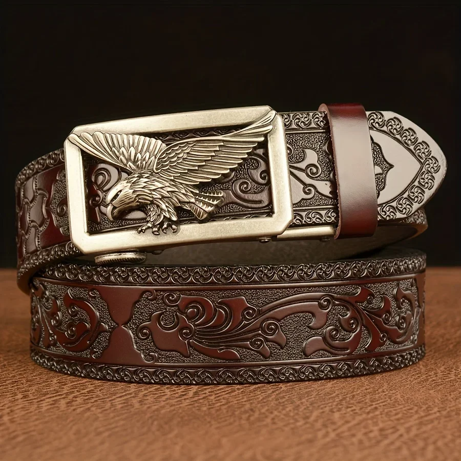 Men's Business Vintage Automatic Buckle Belt - Genuine Leather with Eagle & Floral Carvings, Perfect Gift for Husband or Father