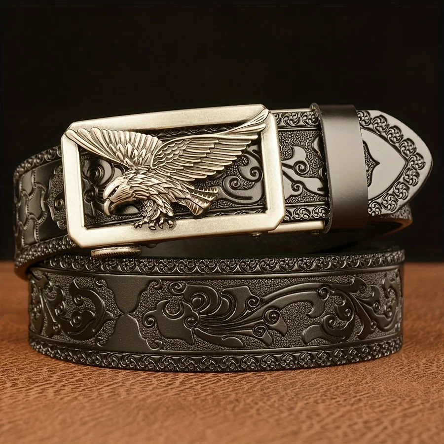 Men's Business Vintage Automatic Buckle Belt - Genuine Leather with Eagle & Floral Carvings, Perfect Gift for Husband or Father
