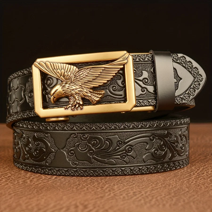 Men's Business Vintage Automatic Buckle Belt - Genuine Leather with Eagle & Floral Carvings, Perfect Gift for Husband or Father