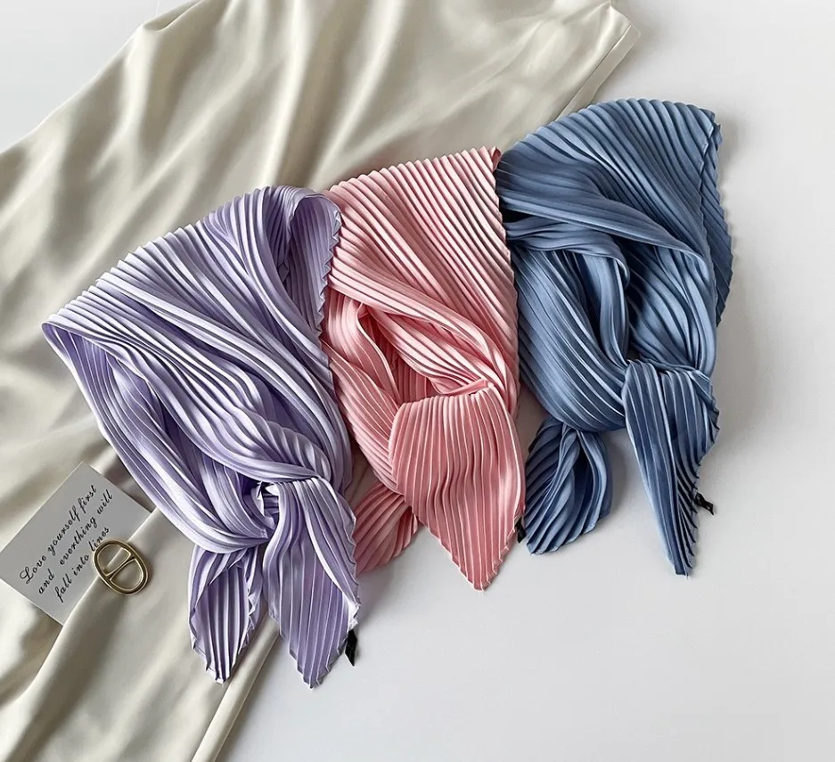 New 70X70CM Minimalist Solid Color 70cm Pleated Scarf Decoration Scarf Sunscreen Thin Scarf Pressed Pleated Square Scarf