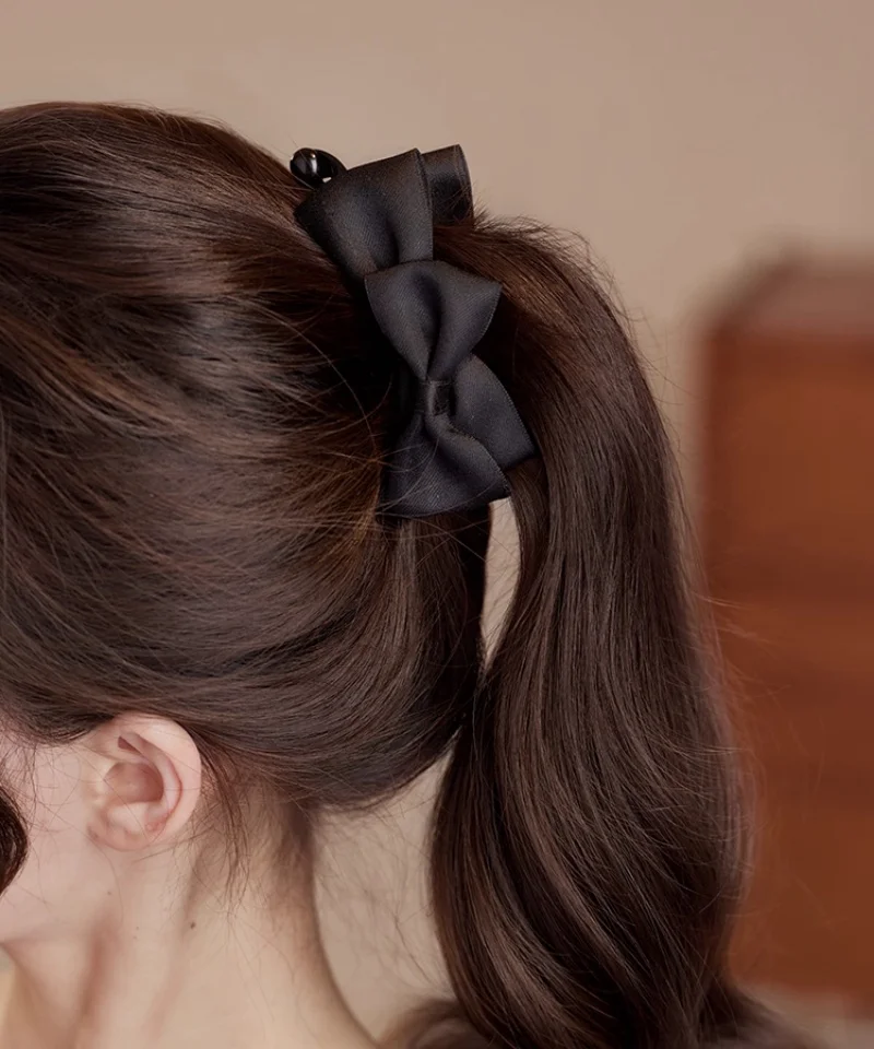 1Pc Korean Satin Bows Hair Clips For Women Plastic Banana Clips Black Brown Ponytail Holder Non-slip Solid Barrettes Accessories