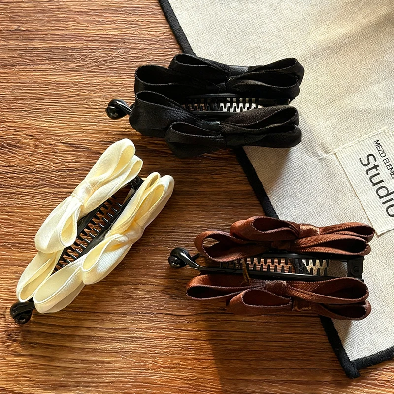 1Pc Korean Satin Bows Hair Clips For Women Plastic Banana Clips Black Brown Ponytail Holder Non-slip Solid Barrettes Accessories