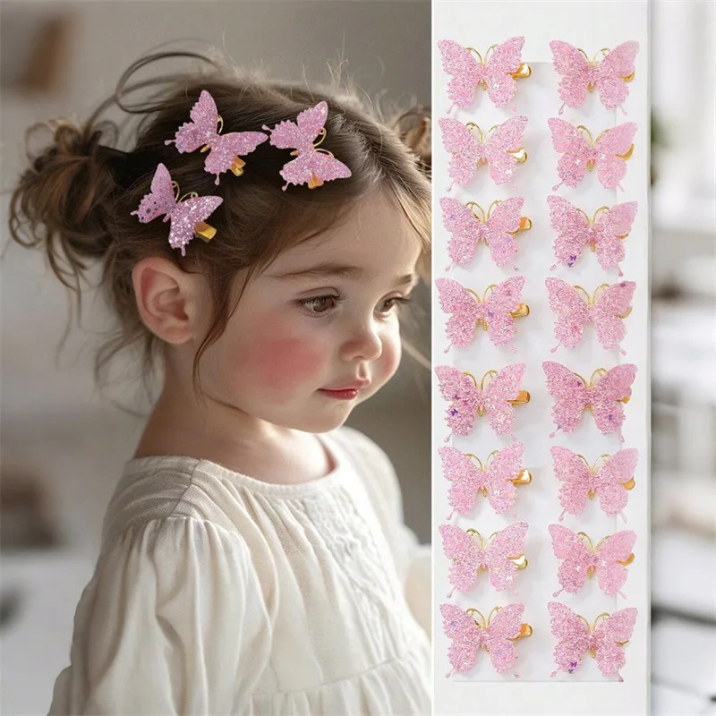 10Pcs Set Pink Sparkling Butterfly Hair Clip Children's Sparkling Hair Clip Girl Cute Styling Headwear Set Butterfly Hair Clip