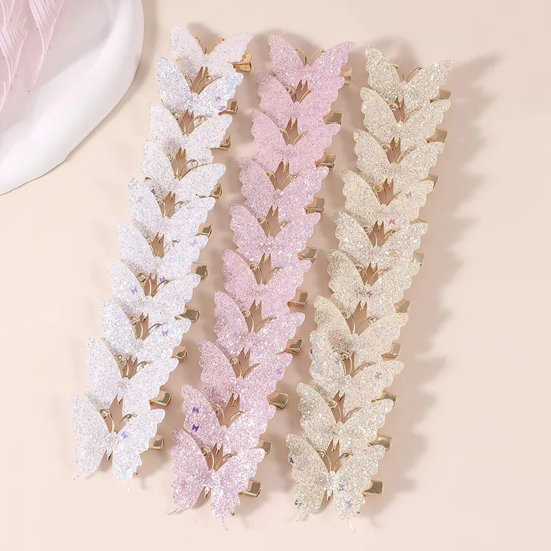 10Pcs Set Pink Sparkling Butterfly Hair Clip Children's Sparkling Hair Clip Girl Cute Styling Headwear Set Butterfly Hair Clip