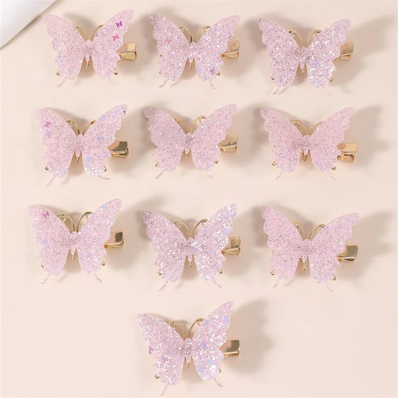 10Pcs Set Pink Sparkling Butterfly Hair Clip Children's Sparkling Hair Clip Girl Cute Styling Headwear Set Butterfly Hair Clip