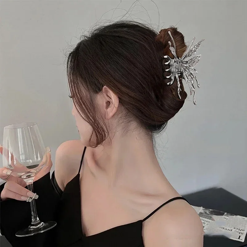 1/2/3 Pcs Large Hollow Butterfly Hair Claws for Women Black Silvery Cool Metal Style Fashion Shark Clips Head Accessories Set