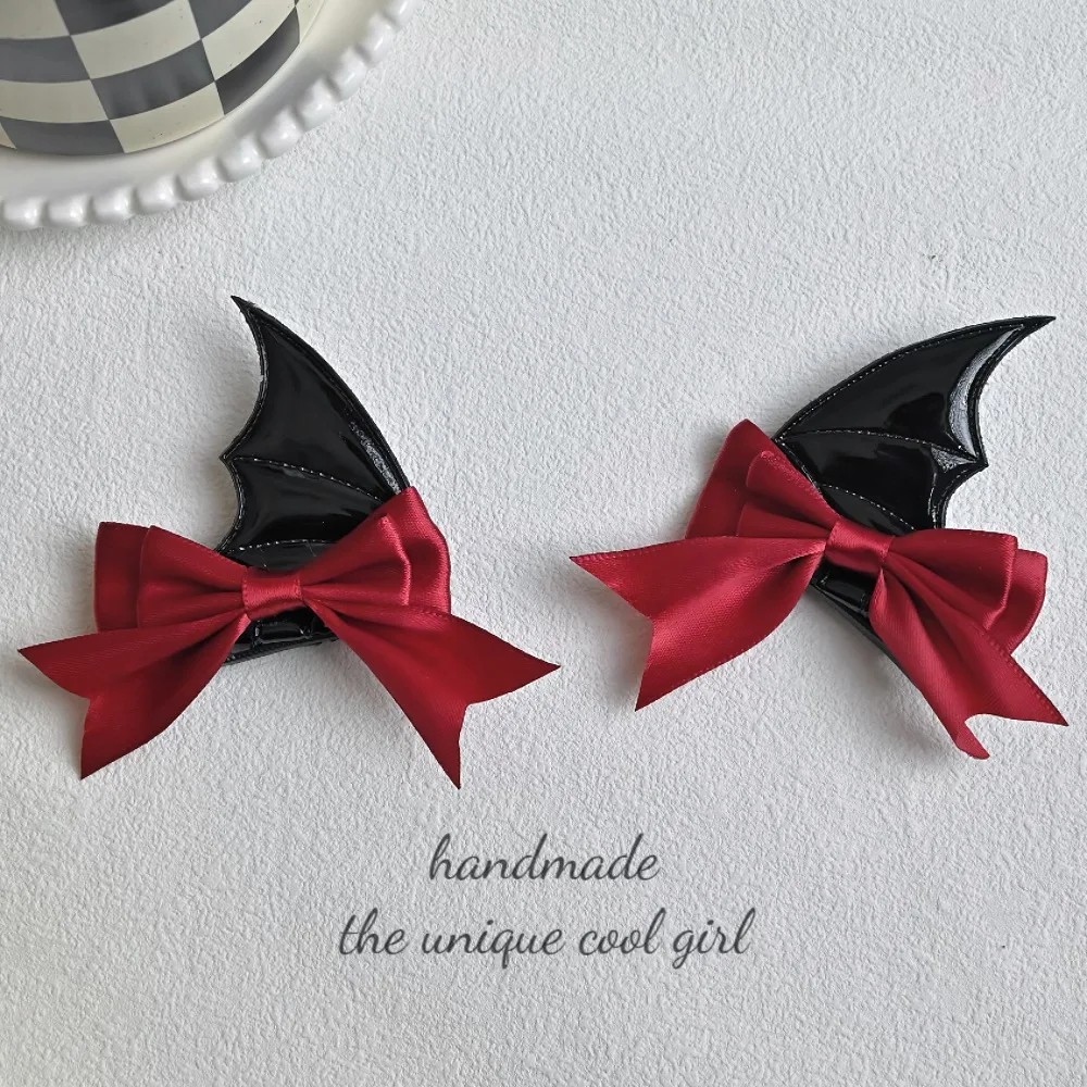 Japanese New Trend Alloy PU Leather Devil Bat Wings Bow Hair Clip 2PCS Women's Cool Duckbill Clip Student Funny Hair Accessories