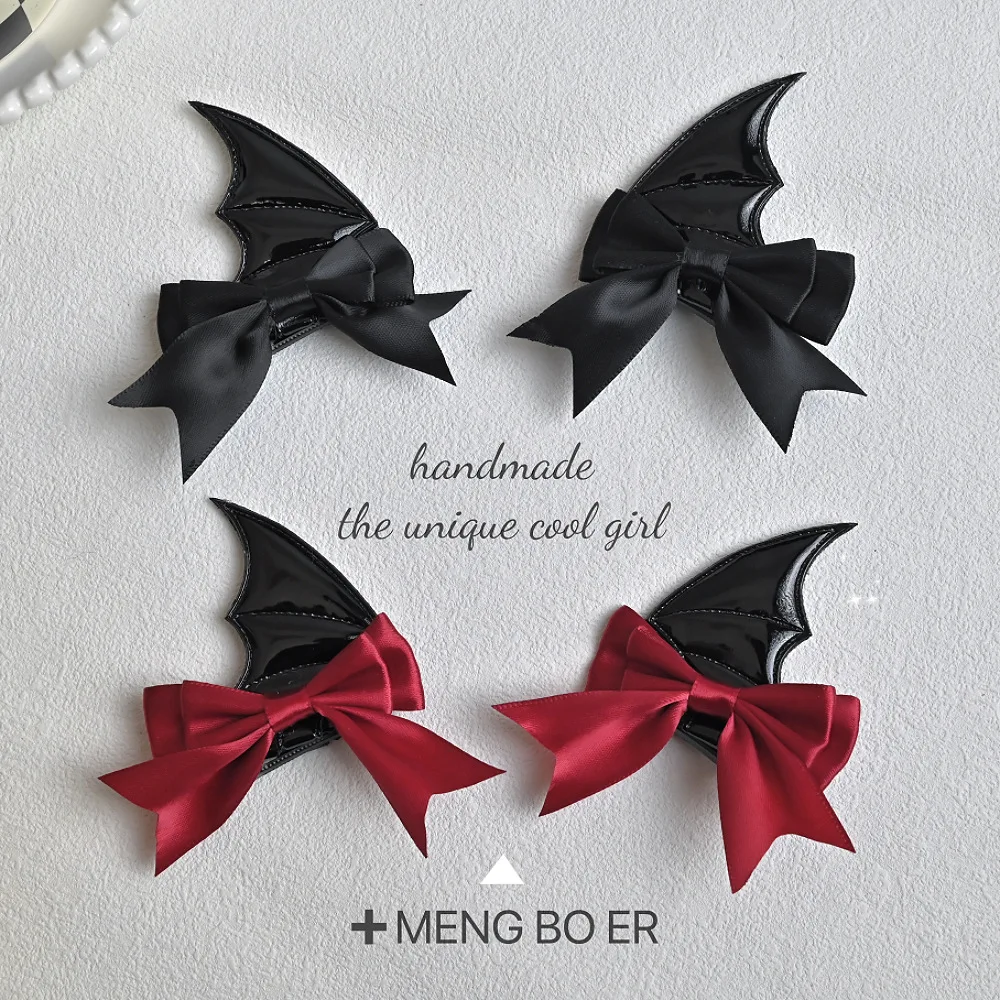 Japanese New Trend Alloy PU Leather Devil Bat Wings Bow Hair Clip 2PCS Women's Cool Duckbill Clip Student Funny Hair Accessories