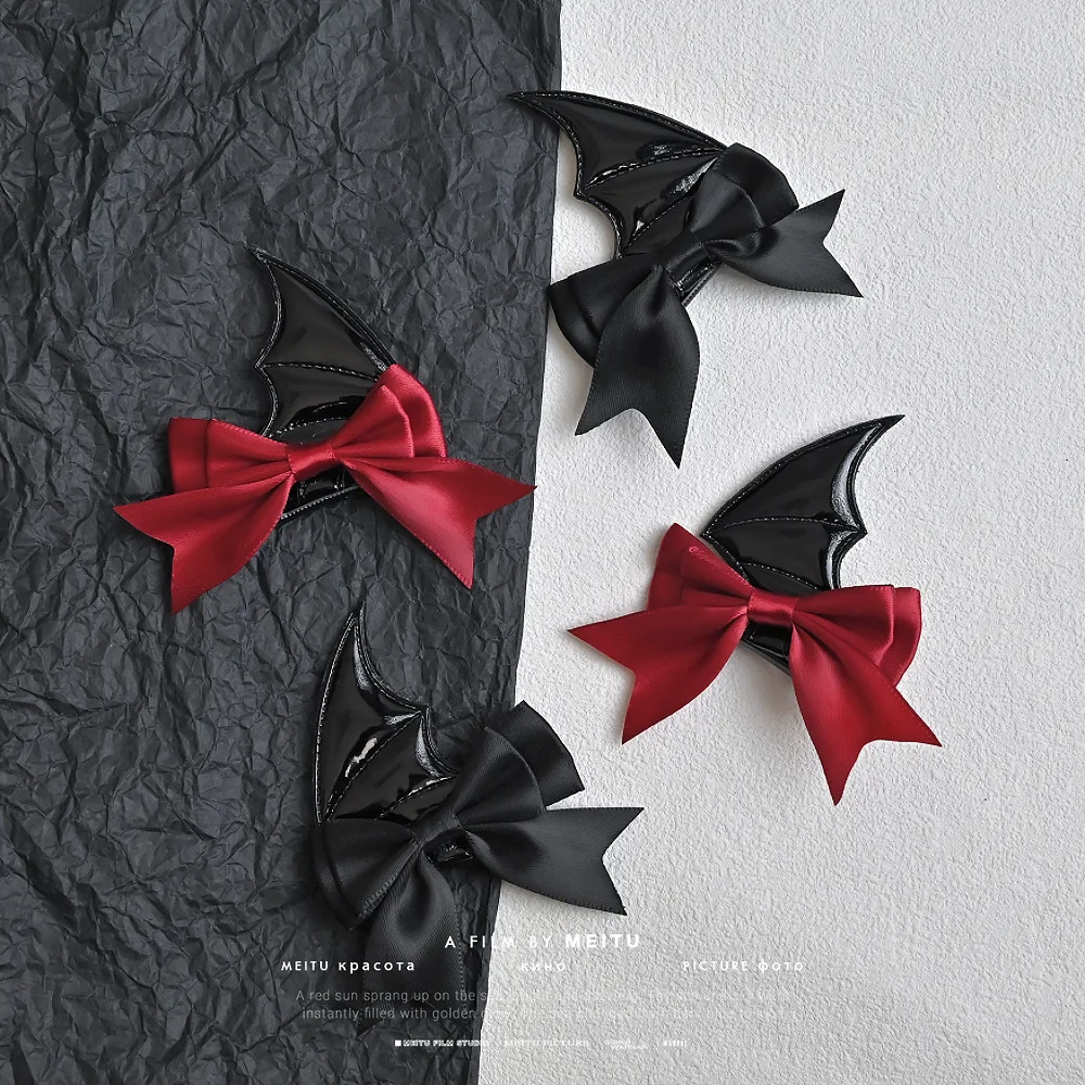 Japanese New Trend Alloy PU Leather Devil Bat Wings Bow Hair Clip 2PCS Women's Cool Duckbill Clip Student Funny Hair Accessories
