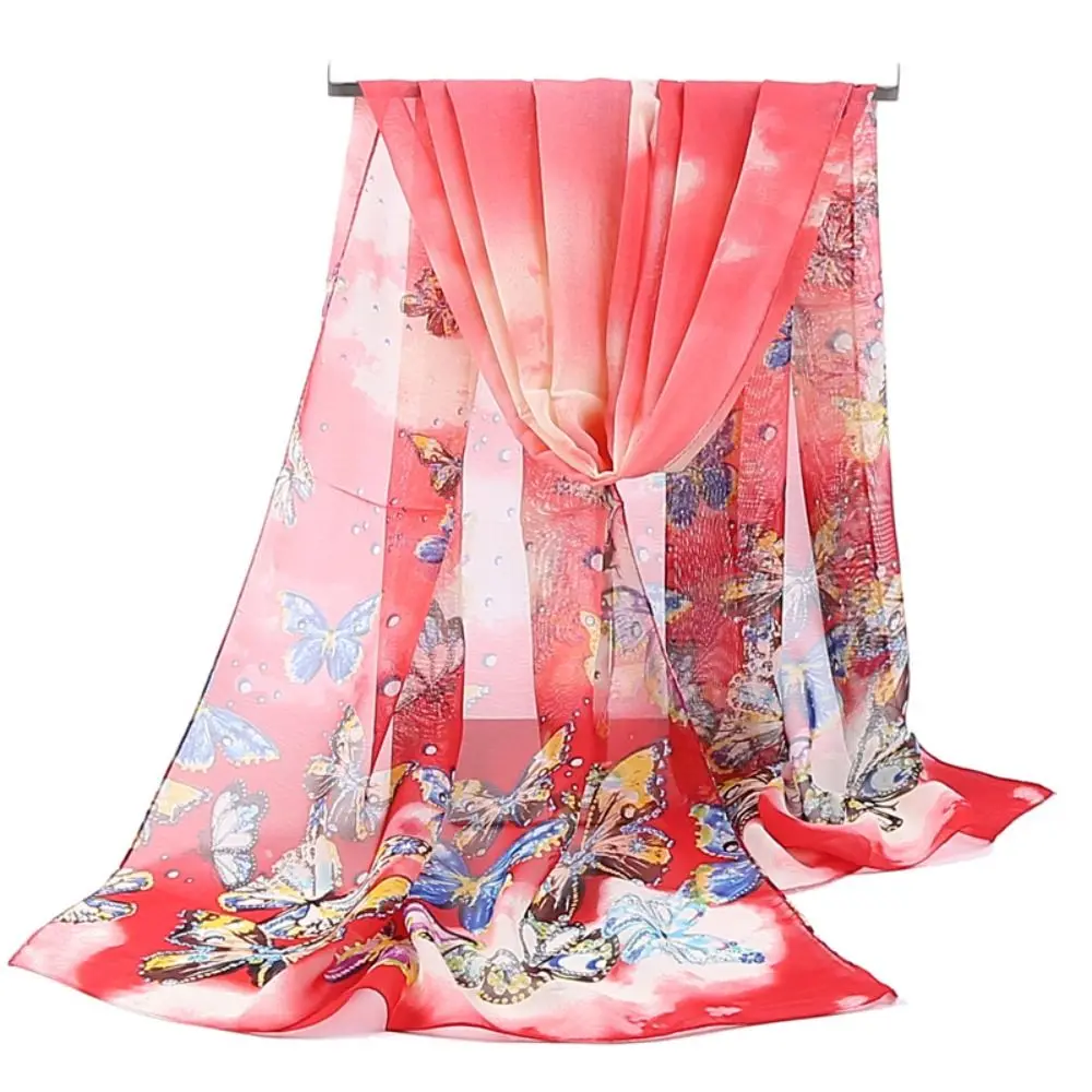 Fashion 160*50cm Chiffon Scarf Sunscreen Butterfly Print Long Wrap Shawl Gradient Washable Shawl Silk for Women