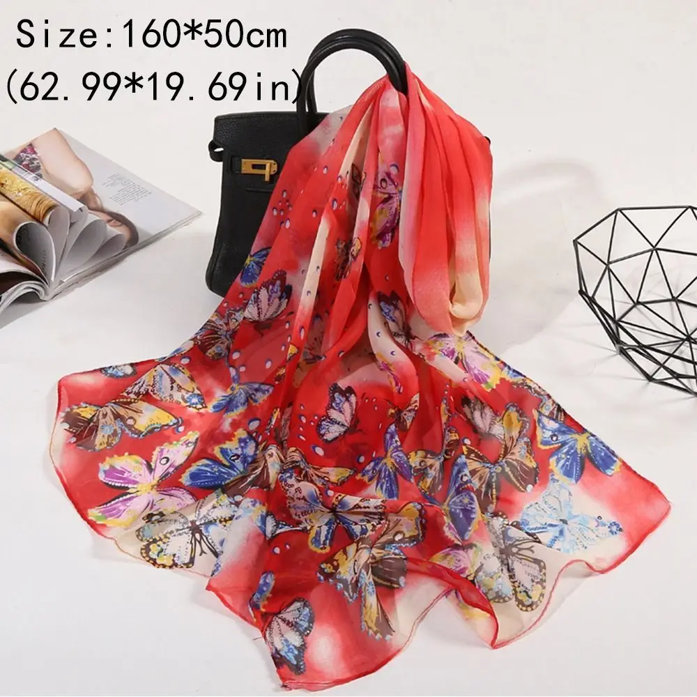 Fashion 160*50cm Chiffon Scarf Sunscreen Butterfly Print Long Wrap Shawl Gradient Washable Shawl Silk for Women