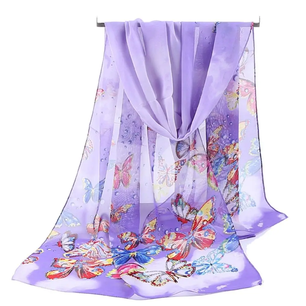 Fashion 160*50cm Chiffon Scarf Sunscreen Butterfly Print Long Wrap Shawl Gradient Washable Shawl Silk for Women
