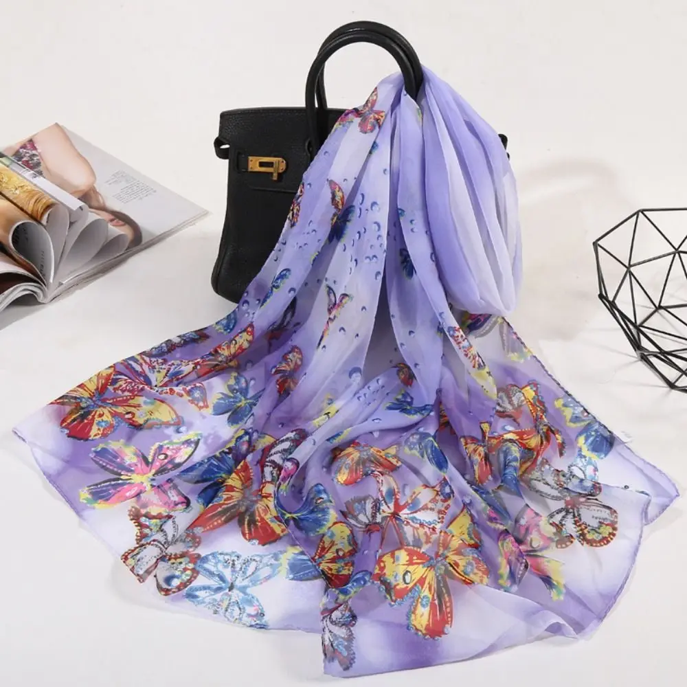 Fashion 160*50cm Chiffon Scarf Sunscreen Butterfly Print Long Wrap Shawl Gradient Washable Shawl Silk for Women
