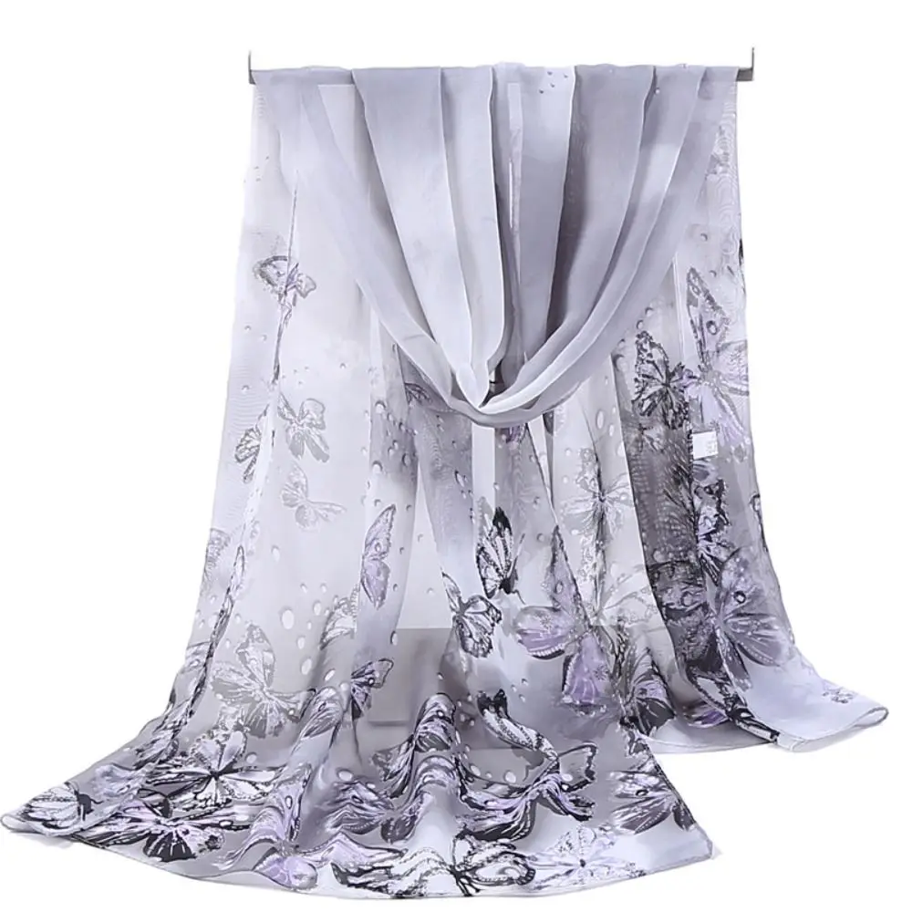 Fashion 160*50cm Chiffon Scarf Sunscreen Butterfly Print Long Wrap Shawl Gradient Washable Shawl Silk for Women