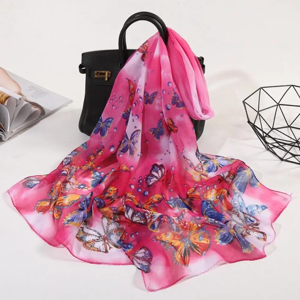 Fashion 160*50cm Chiffon Scarf Sunscreen Butterfly Print Long Wrap Shawl Gradient Washable Shawl Silk for Women
