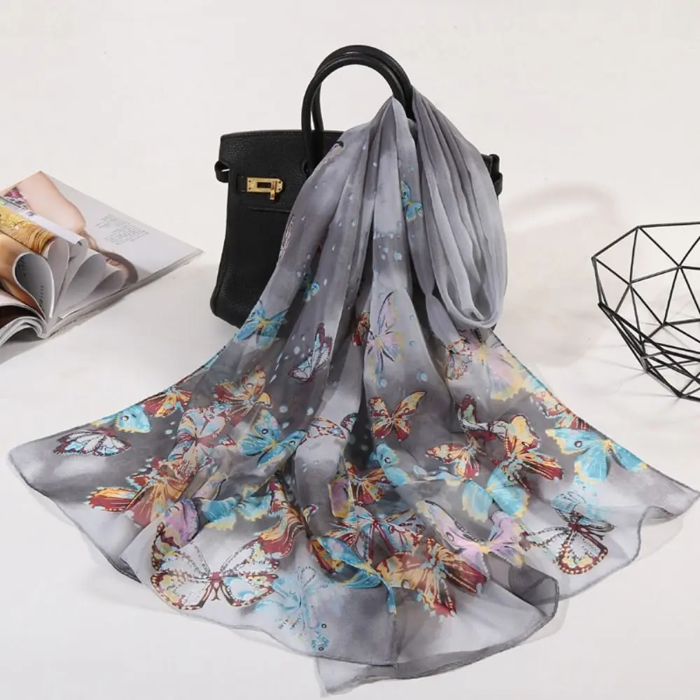 Fashion 160*50cm Chiffon Scarf Sunscreen Butterfly Print Long Wrap Shawl Gradient Washable Shawl Silk for Women