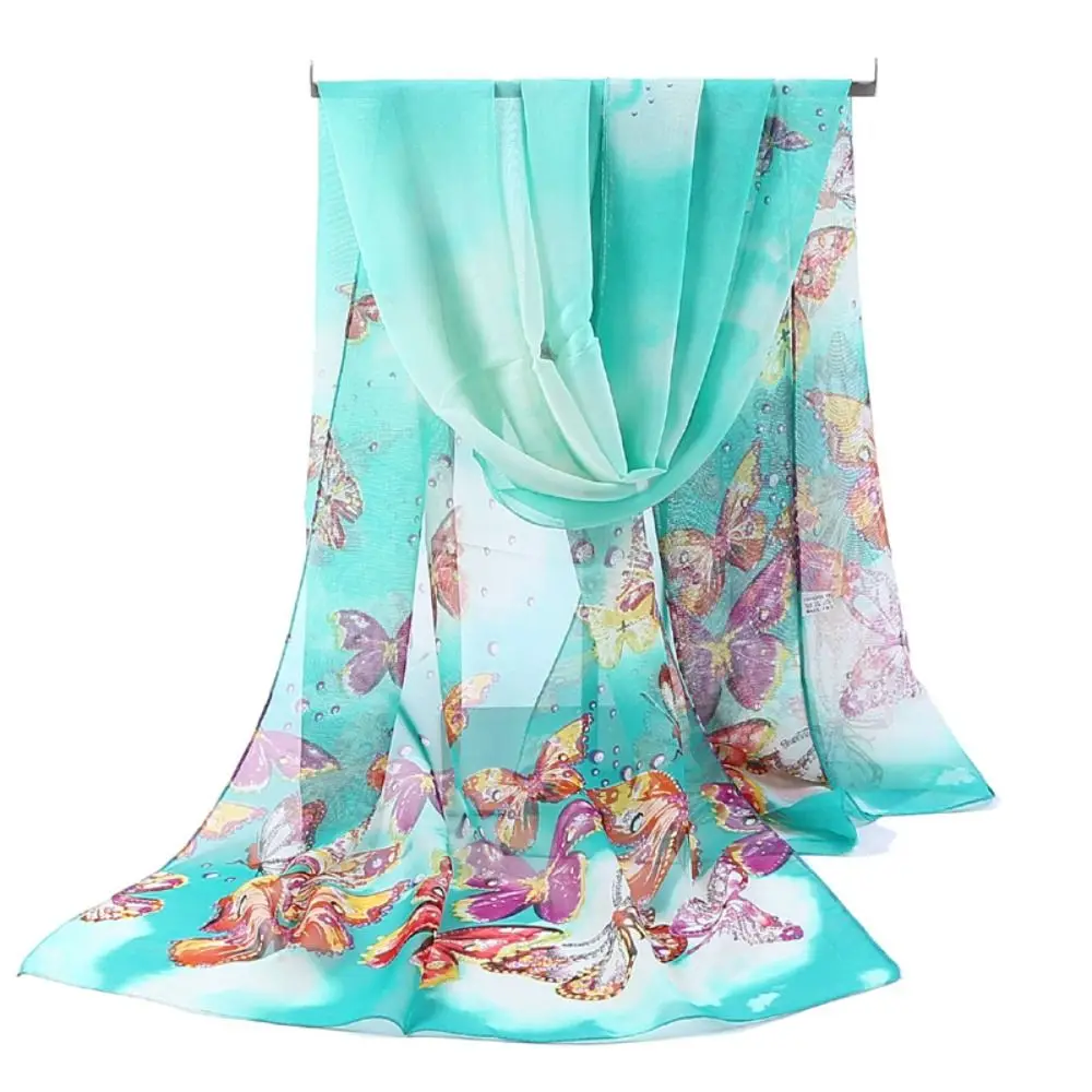 Fashion 160*50cm Chiffon Scarf Sunscreen Butterfly Print Long Wrap Shawl Gradient Washable Shawl Silk for Women