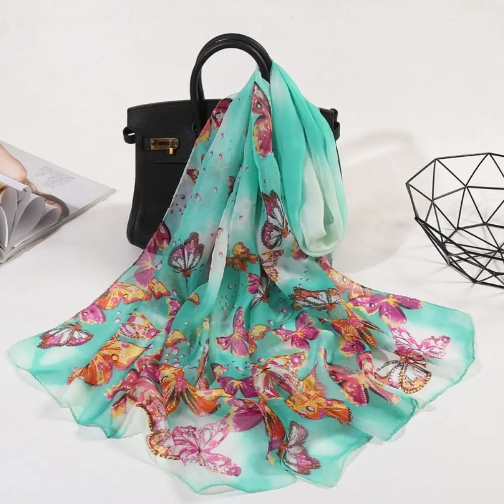 Fashion 160*50cm Chiffon Scarf Sunscreen Butterfly Print Long Wrap Shawl Gradient Washable Shawl Silk for Women