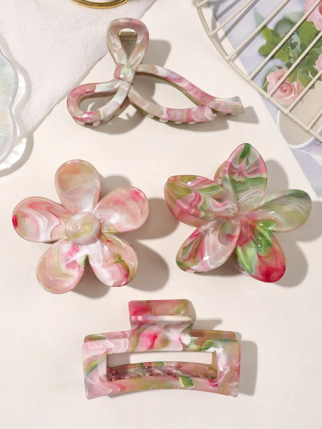 4Pcs Autumn Winter Burgundy Bow Square Flower Hair Claw Clips for Women MultiStyle Red Fashion Hair Accessories Headwear Hairpin