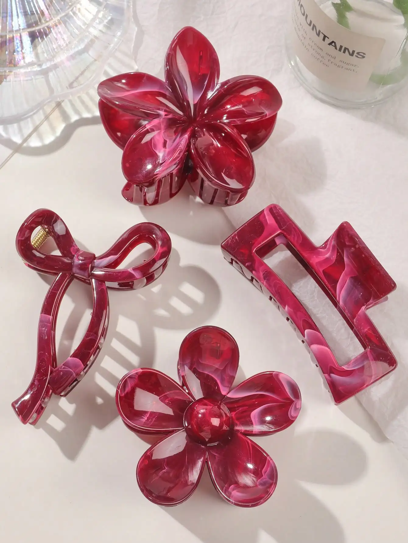4Pcs Autumn Winter Burgundy Bow Square Flower Hair Claw Clips for Women MultiStyle Red Fashion Hair Accessories Headwear Hairpin