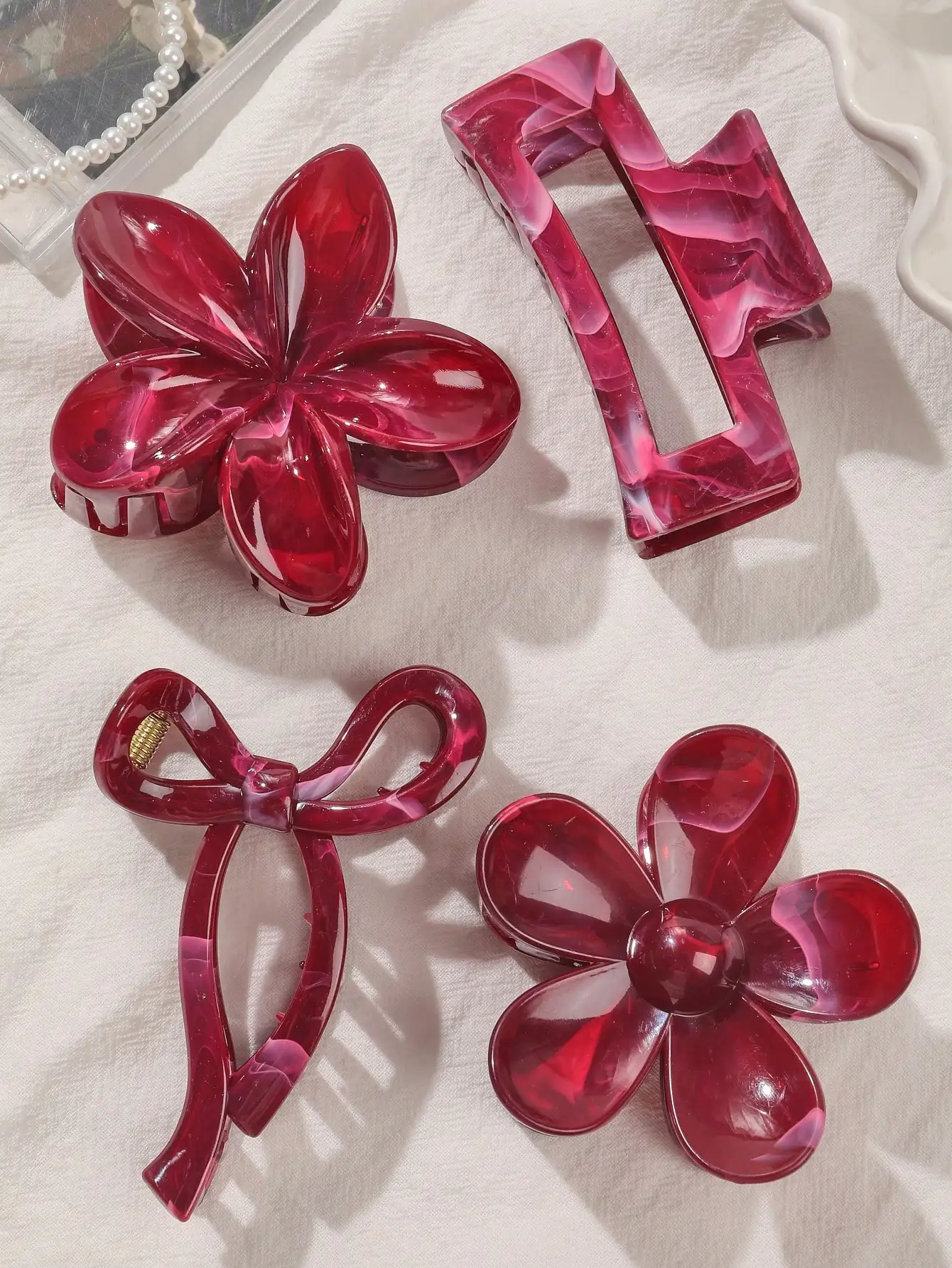 4Pcs Autumn Winter Burgundy Bow Square Flower Hair Claw Clips for Women MultiStyle Red Fashion Hair Accessories Headwear Hairpin