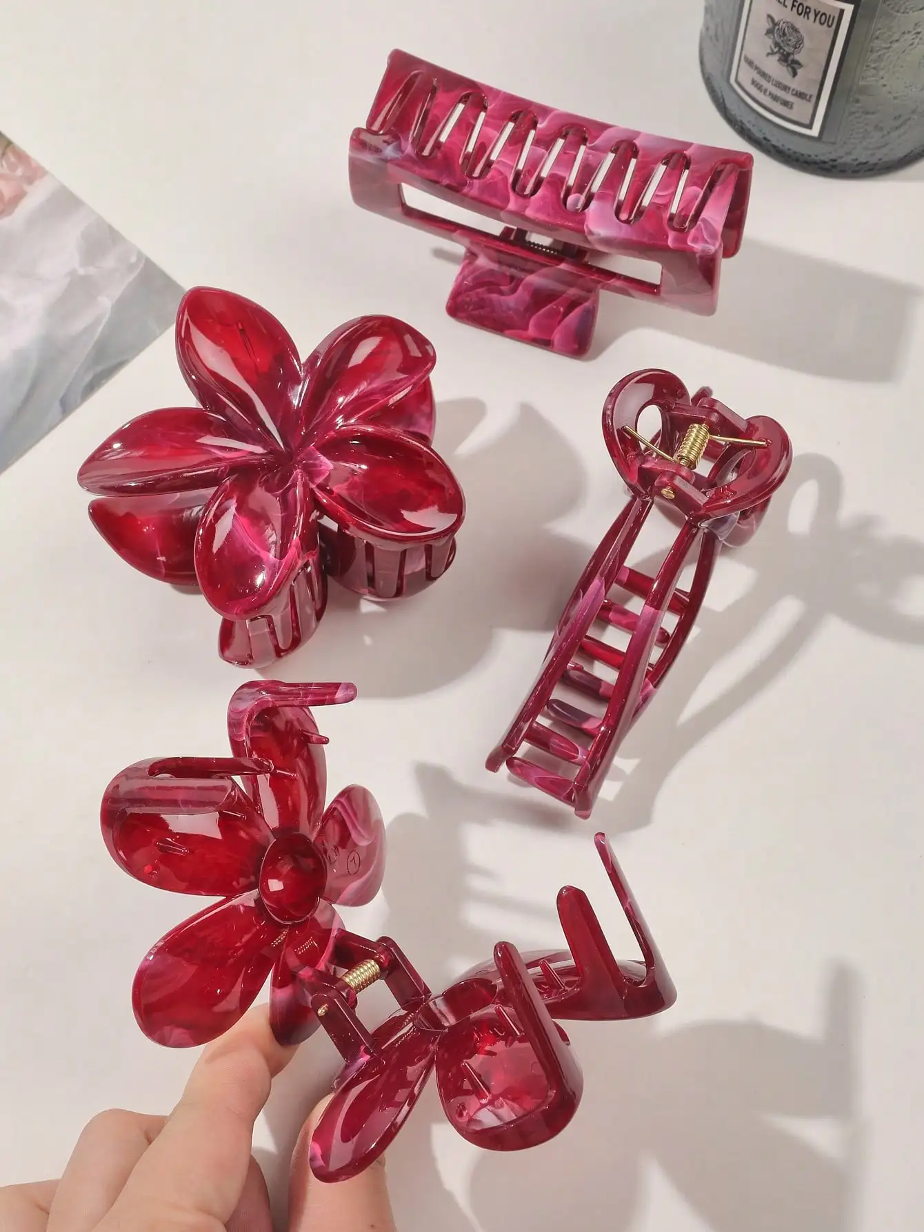 4Pcs Autumn Winter Burgundy Bow Square Flower Hair Claw Clips for Women MultiStyle Red Fashion Hair Accessories Headwear Hairpin