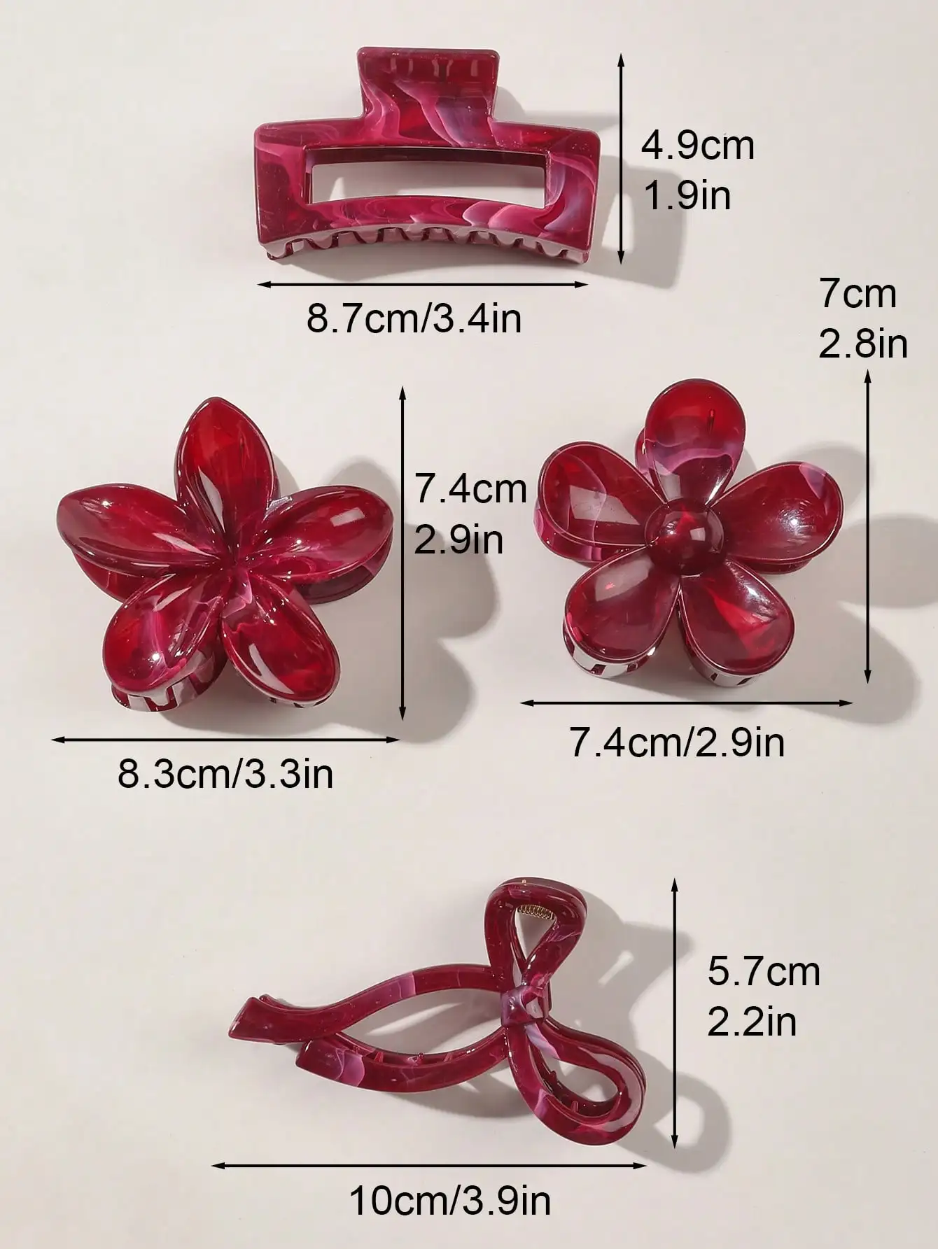 4Pcs Autumn Winter Burgundy Bow Square Flower Hair Claw Clips for Women MultiStyle Red Fashion Hair Accessories Headwear Hairpin