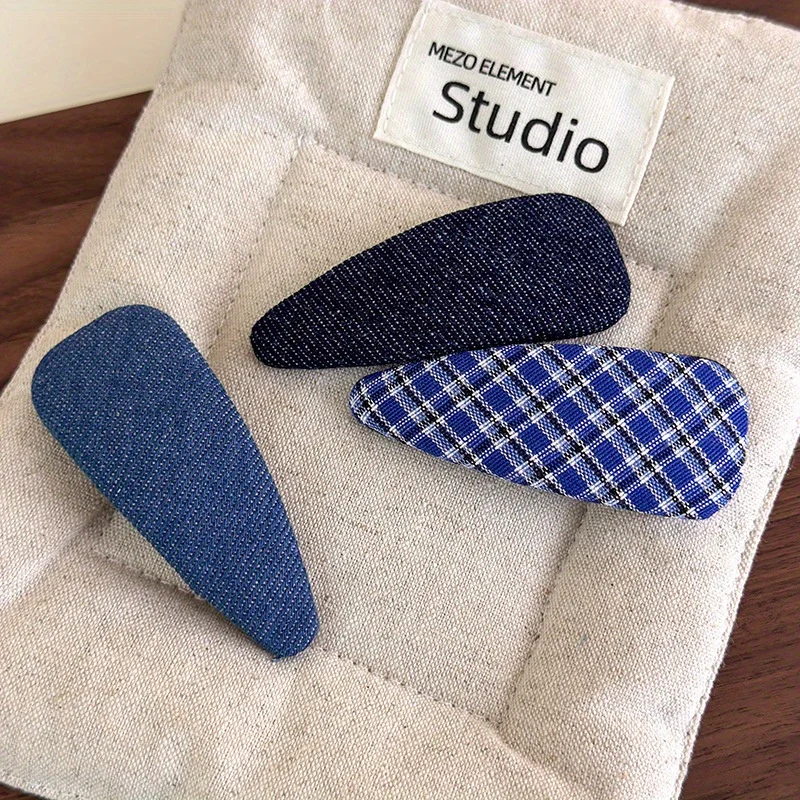 New Style Lightening Blue Denim Checkered BB Clip Fabric Hair Clip Fashionable Bang Clip Side Clip Loose Hair Accessory