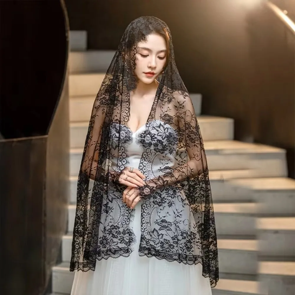 New Lace Women Shawl Flower Long Catholic Veil Black Bride Head Covering Mantilla
